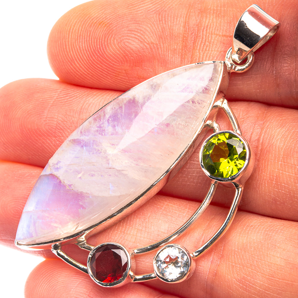 Signature Rainbow Moonstone, Peridot, Garnet, White Quartz Pendant 2" (925 Sterling Silver) P38732