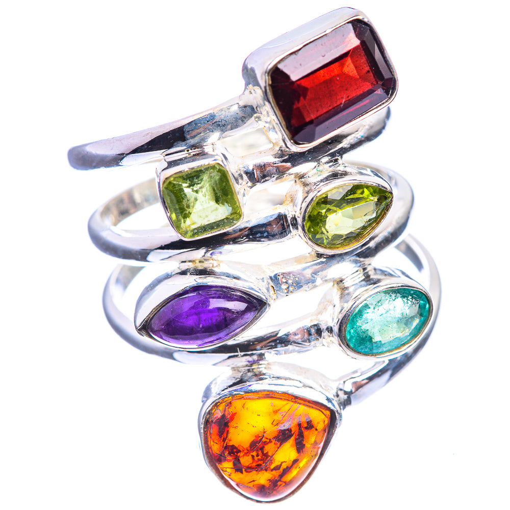 Large Baltic Amber, Garnet, Amethyst, Peridot, Blue Topaz 925 Sterling Silver Ring Size 8