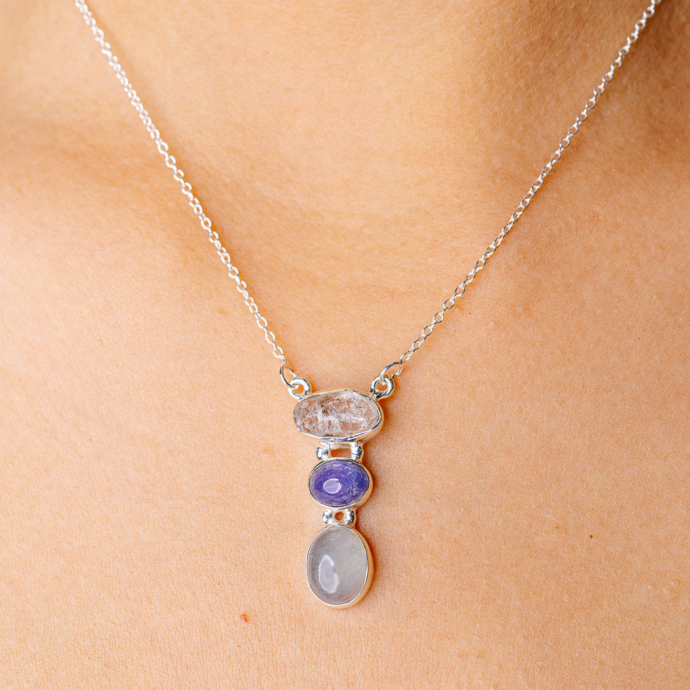Rainbow Aquamarine, Tanzanite, Herkimer Diamond Necklace 16.5" (925 Sterling Silver) N90254