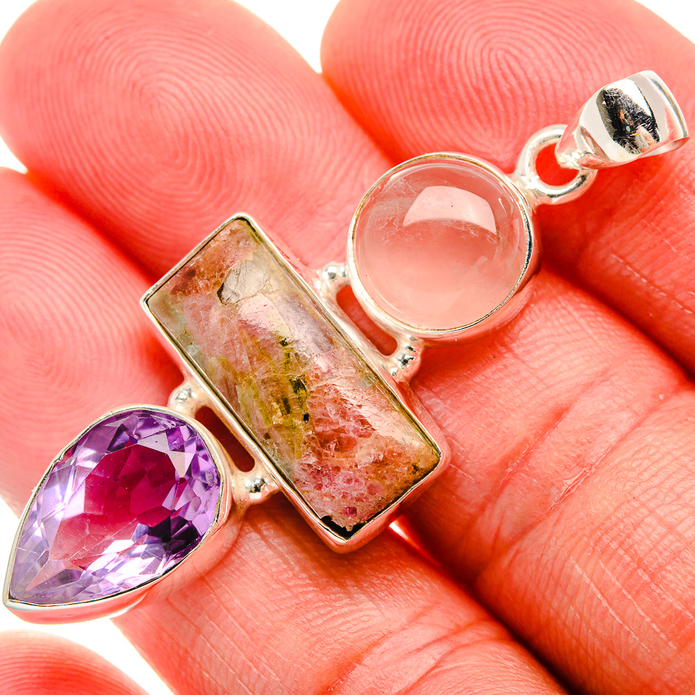 Natural Tourmaline, Amethyst, Rose Quartz Pendant 2" (925 Sterling Silver) PD38125