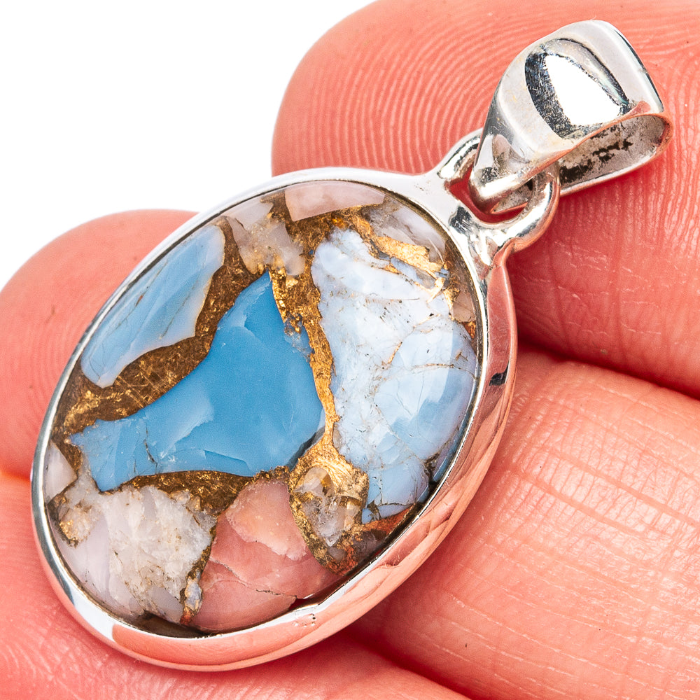 Copper Blue Turquoise Pink Opal Pendant 1 3/8" (925 Sterling Silver) P43504