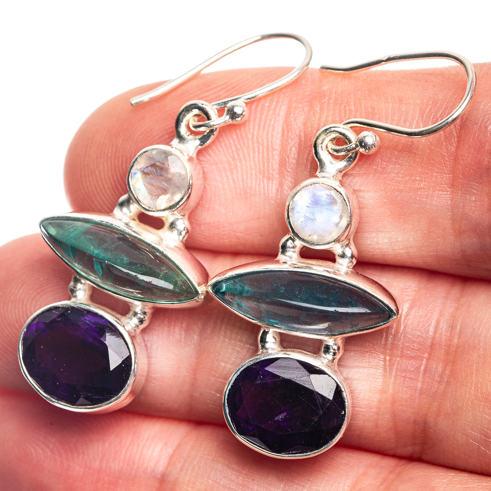 Blue Fluorite, Amethyst, Rainbow Moonstone Earrings 1 1/2" (925 Sterling Silver) E432754