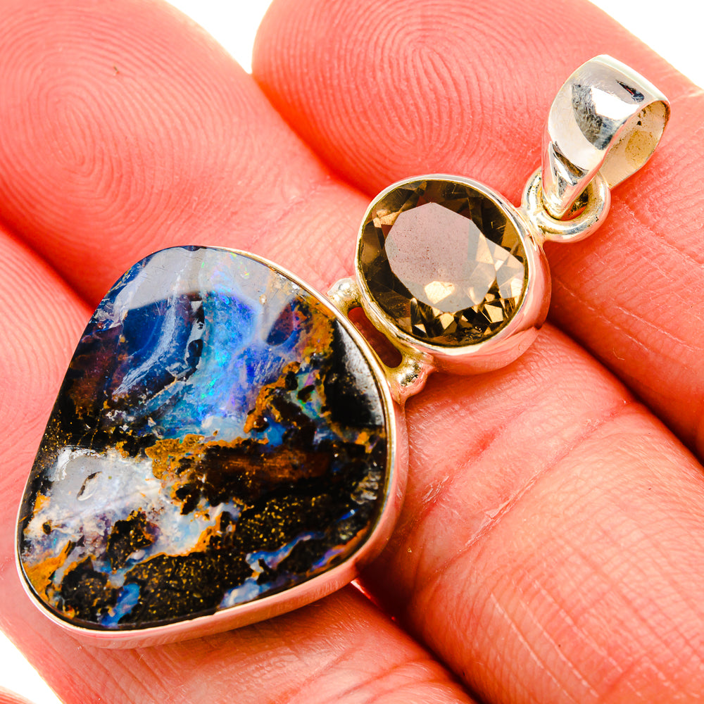Boulder Opal, Smoky Quartz 925 Sterling Silver Pendant 2" (925 Sterling Silver) PD38408