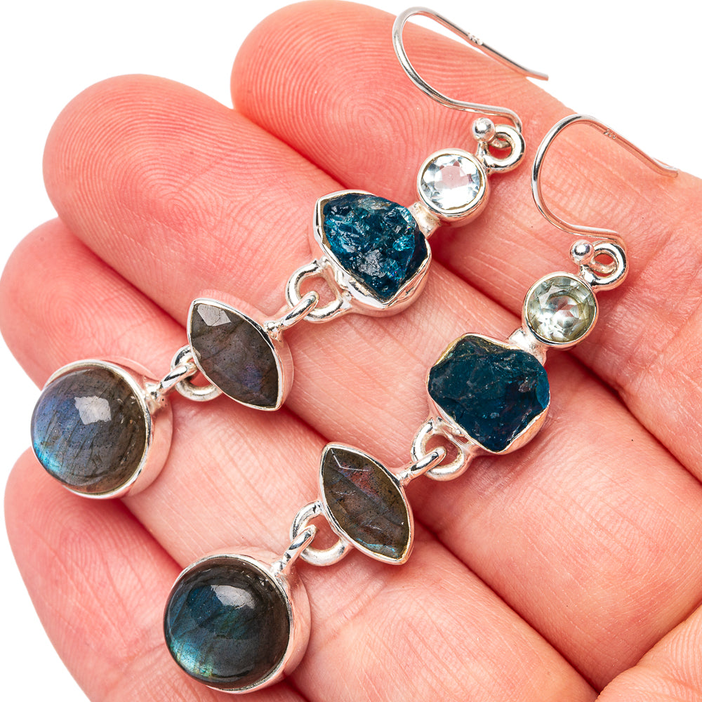 Premium Labradorite, Apatite, Blue Topaz Earrings 2 1/4" (925 Sterling Silver) E1669
