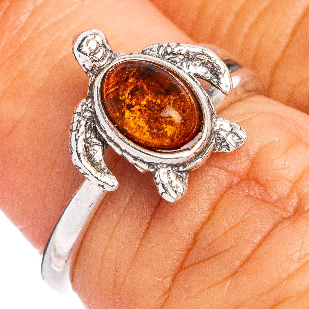 Baltic Amber Sea Turtle Ring Size 4 Adjustable (.925 Sterling Silver)