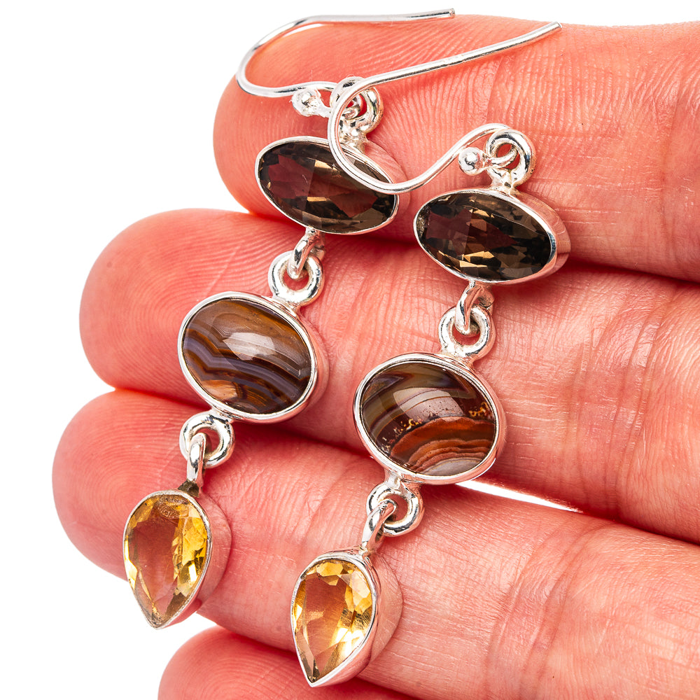 Premium Laguna Lace Agate, Smoky Quartz, Citrine Earrings 2" (.925 Sterling Silver)