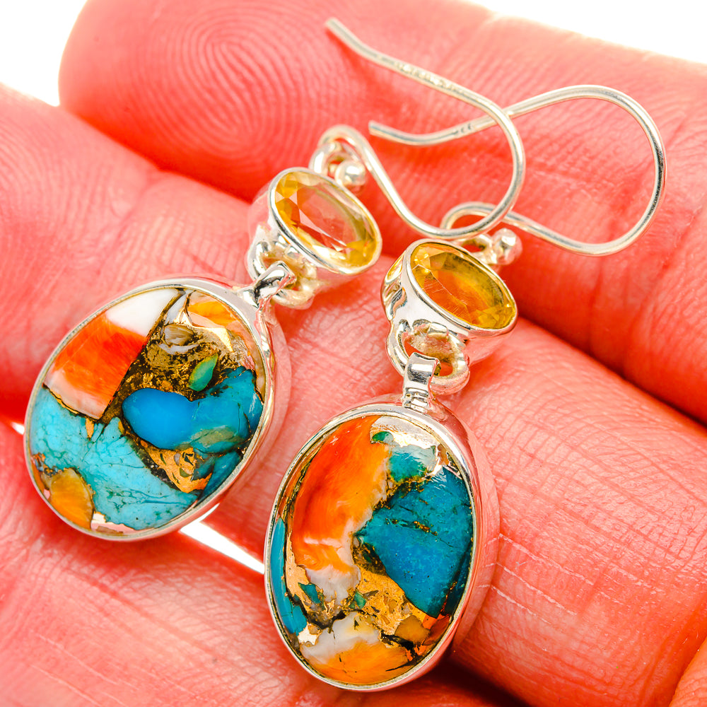 Spiny Oyster Turquoise, Citrine Earrings 1 5/8" (925 Sterling Silver) EARR431988