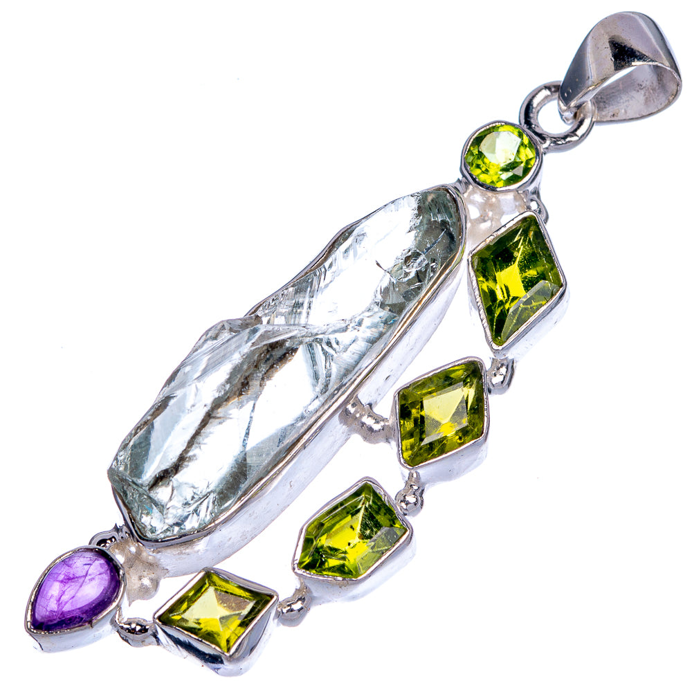 Raw Aquamarine, Peridot, Amethyst Pendant 2 1/4" (925 Sterling Silver) P39814