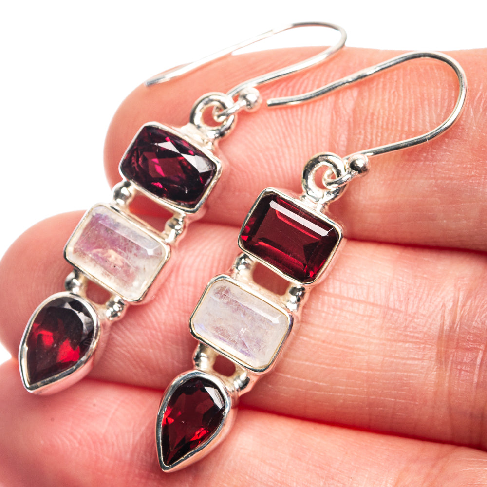 Rainbow Moonstone, Garnet Earrings 1 5/8" (925 Sterling Silver) E432771
