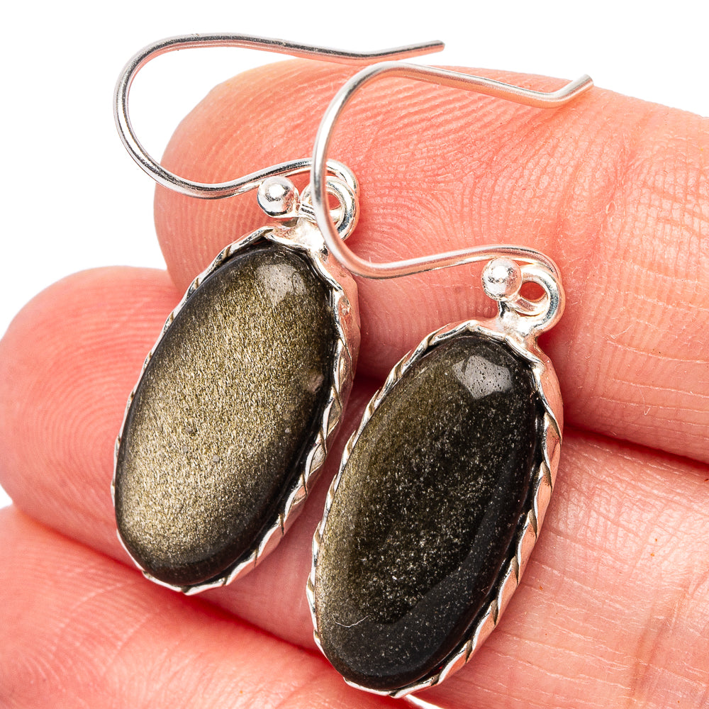 Golden Sheen Obsidian Earrings 1 1/2" (.925 Sterling Silver)
