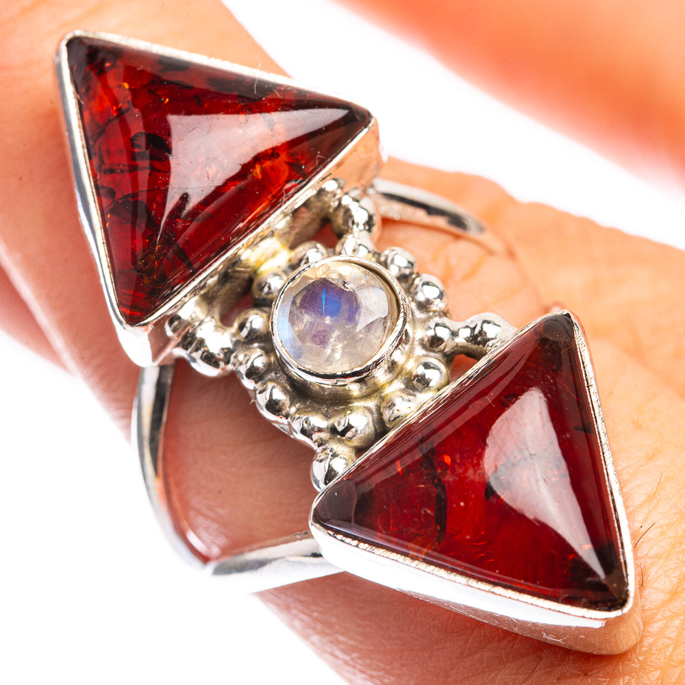 Large Baltic Amber, Rainbow Moonstone Ring Size 8 (925 Sterling Silver) RING143361