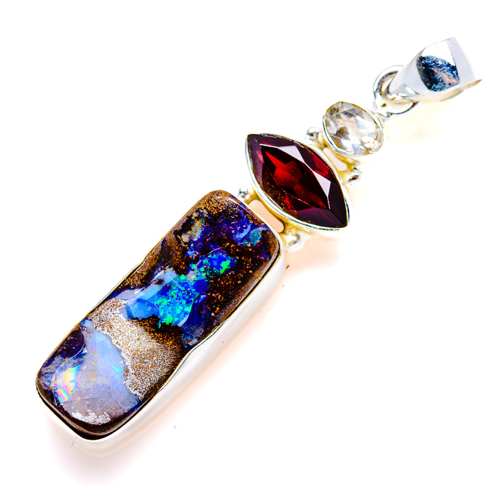 Boulder Opal, Garnet, White Quartz Pendant 2" (925 Sterling Silver) PD38249