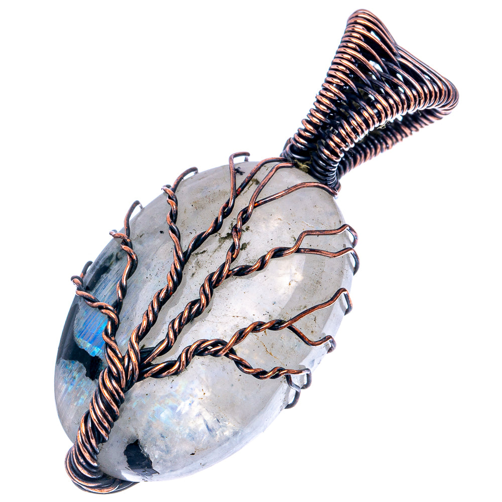 Rainbow Moonstone with Black Tourmaline Tree of Life Pendant 1 7/8" (Oxidized Copper)