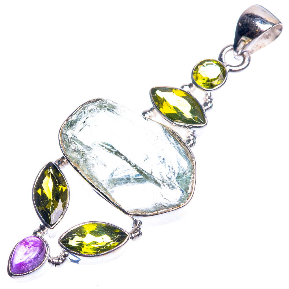 Rough Aquamarine, Peridot, Amethyst 925 Sterling Silver Pendant 2 1/4"