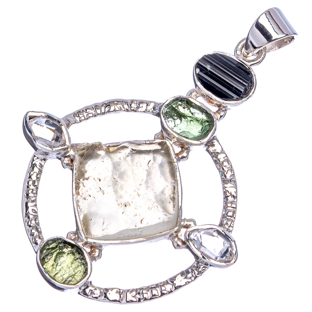Signature Libyan Desert Glass, Black Tourmaline, Herkimer Diamond, Peridot Pendant 1 7/8" (.925 Sterling Silver)