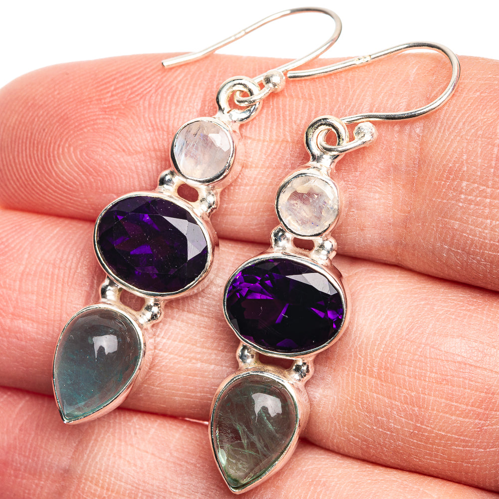 Blue Fluorite, Amethyst, Rainbow Moonstone Earrings 1 3/4" (925 Sterling Silver) E432679