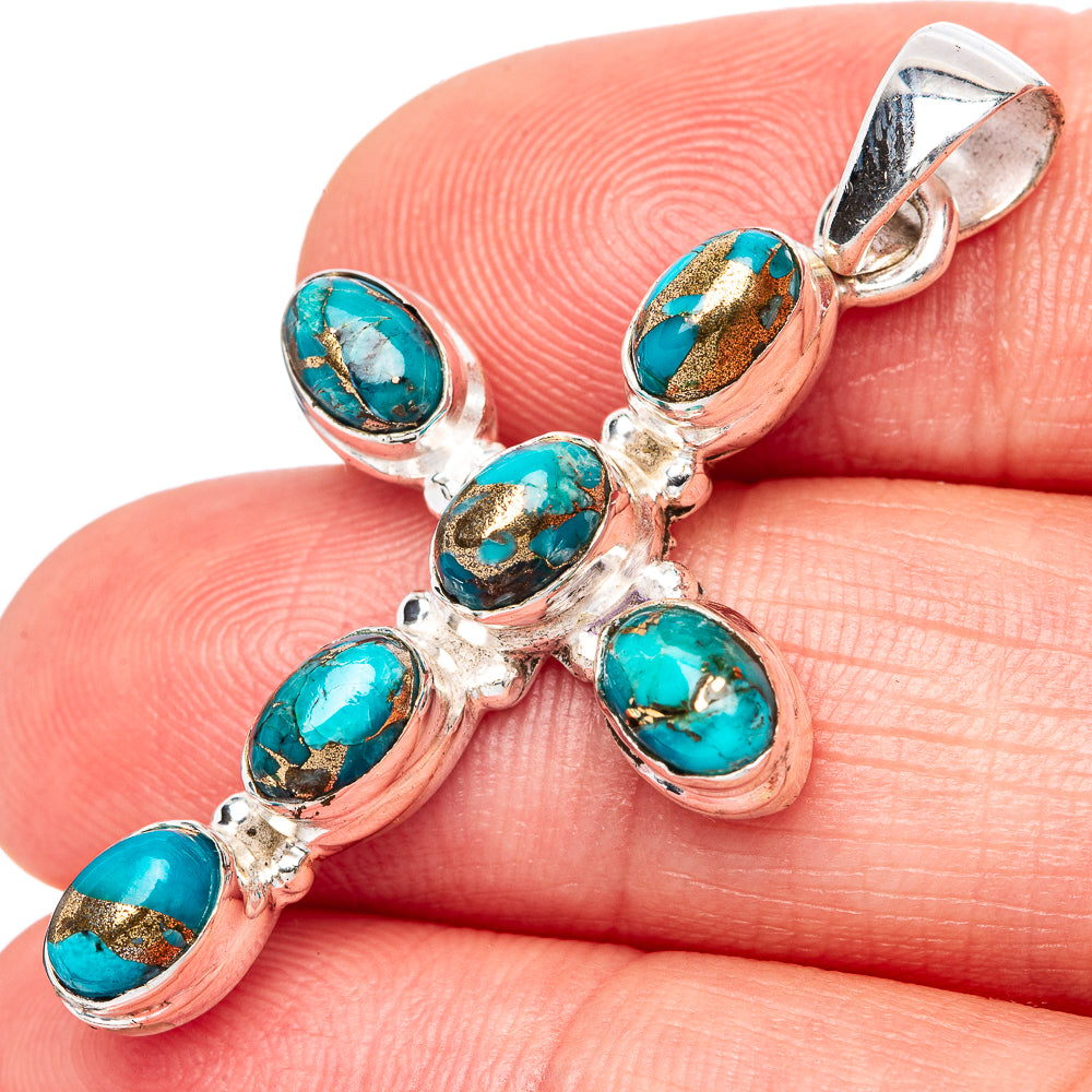 Blue Copper Composite Turquoise Cross Pendants 1 5/8" (925 Sterling Silver) P42360