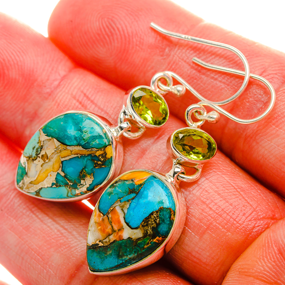 Spiny Oyster Turquoise, Peridot Earrings 1 3/4" (925 Sterling Silver) EARR431997