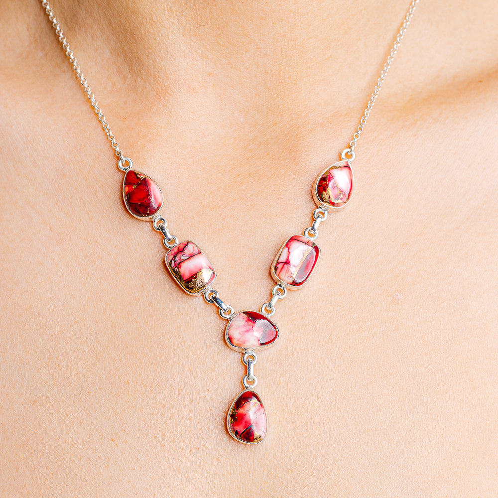 Red Dahlia Mohave Turquoise Necklace 16 to 18" (.925 Sterling Silver)