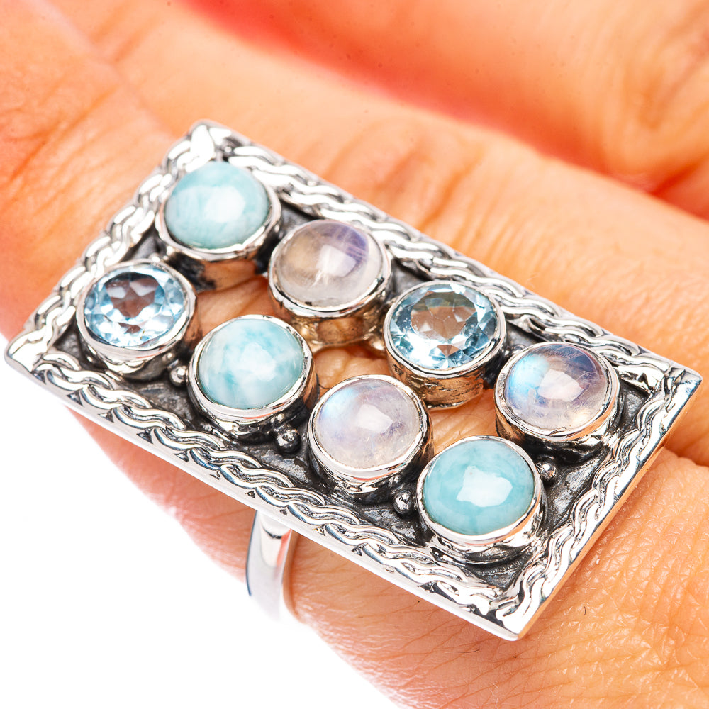 Signature Rainbow Moonstone, Larimar, Blue Topaz Ring Size 7.75 (925 Sterling Silver) R1793