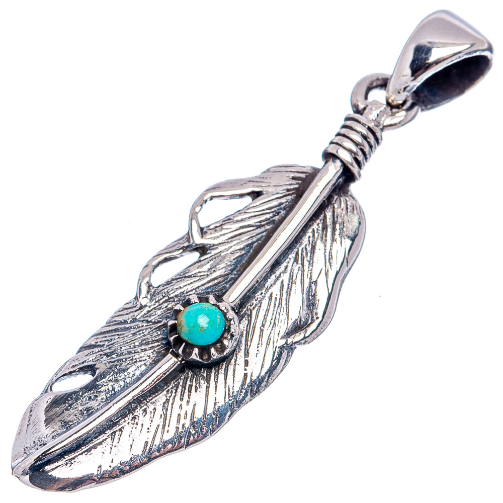 Native Style Mohave Turquoise Feather Pendant 1 1/2" (.925 Sterling Silver)