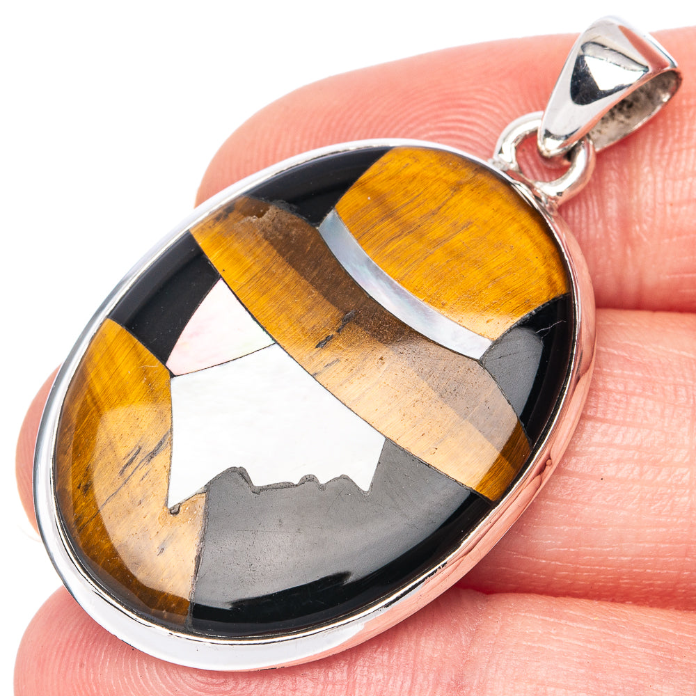 Tiger Eye And Mother Of Pearl Inlay Pendant 1 5/8" (925 Sterling Silver) P41320