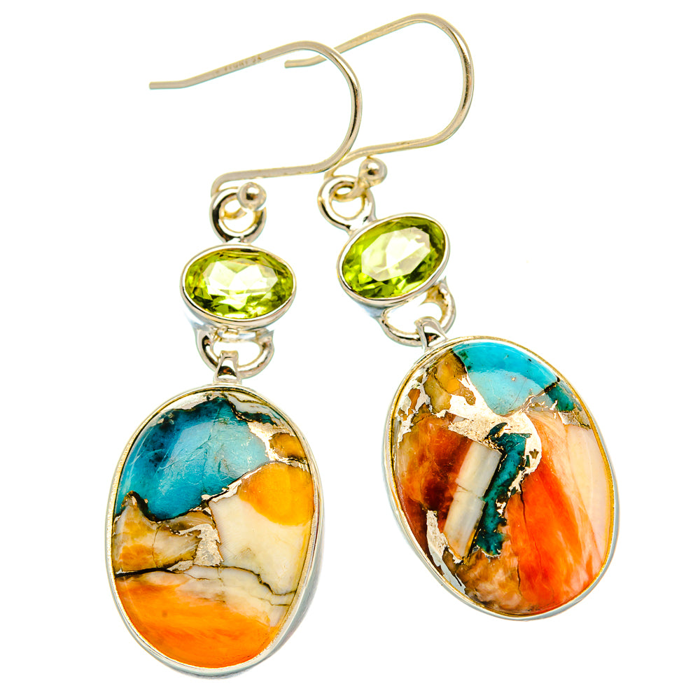 Spiny Oyster Turquoise, Peridot Earrings 1 3/4" (925 Sterling Silver) EARR432062