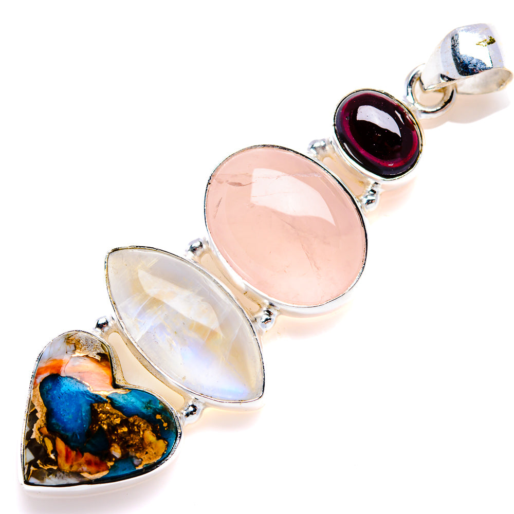 Rose Quartz, Rainbow Moonstone, Spiny Oyster Turquoise, Garnet Pendant 2 1/4" (925 Sterling Silver) PD38134