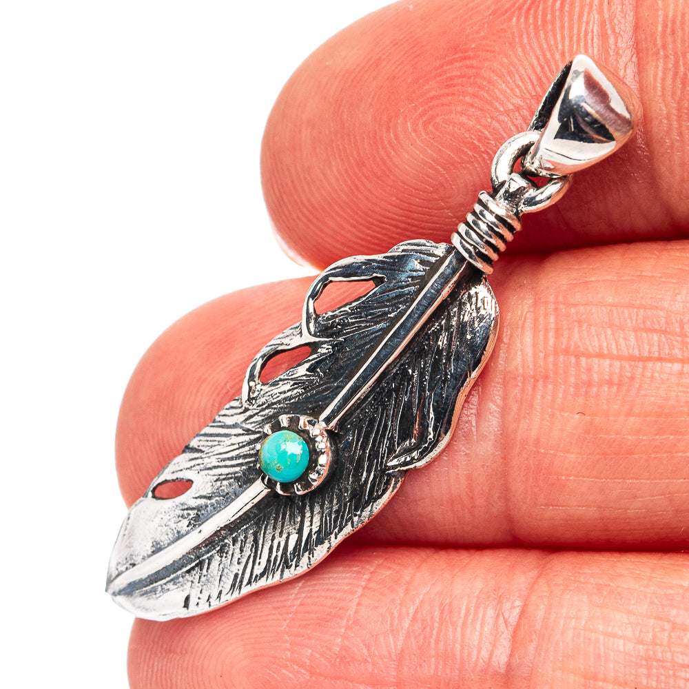 Native Style Mohave Turquoise Feather Pendant 1 1/2" (.925 Sterling Silver)