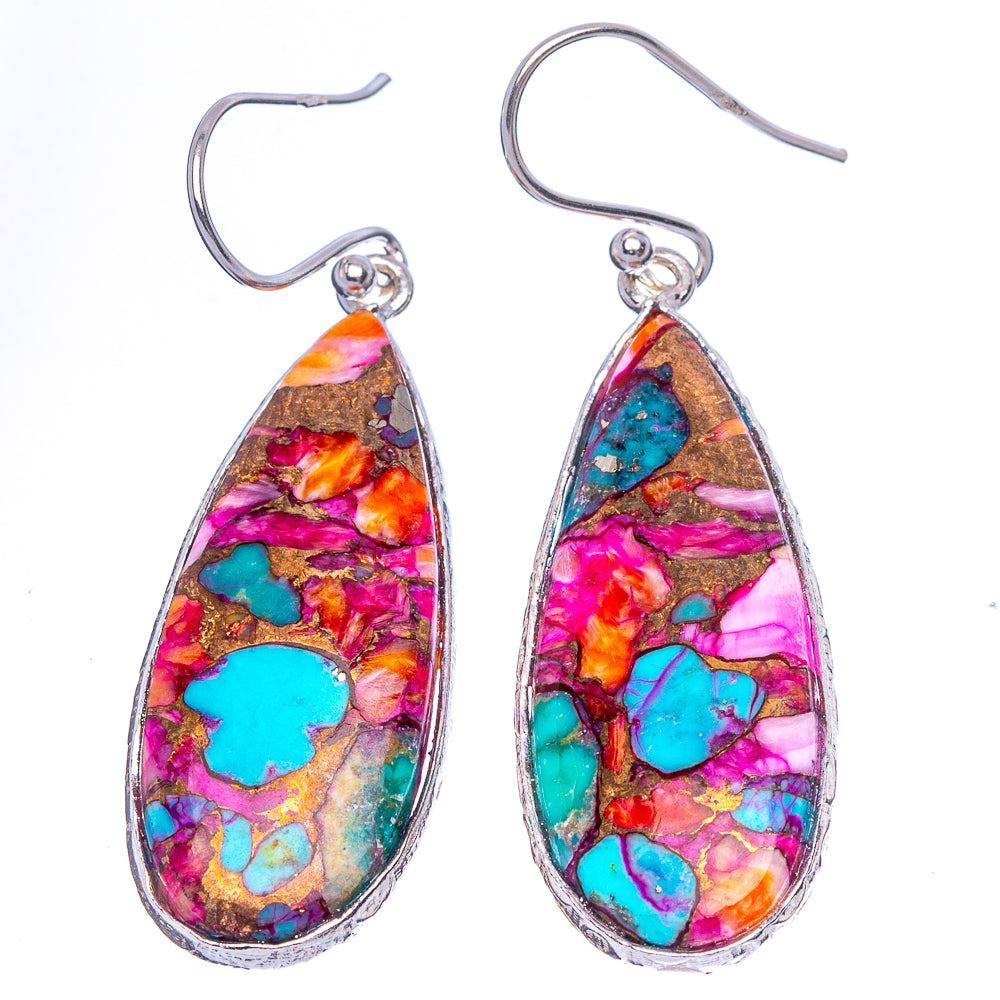 Kingman Pink Dahlia Turquoise Earrings 1 7/8" (925 Sterling Silver) E1904