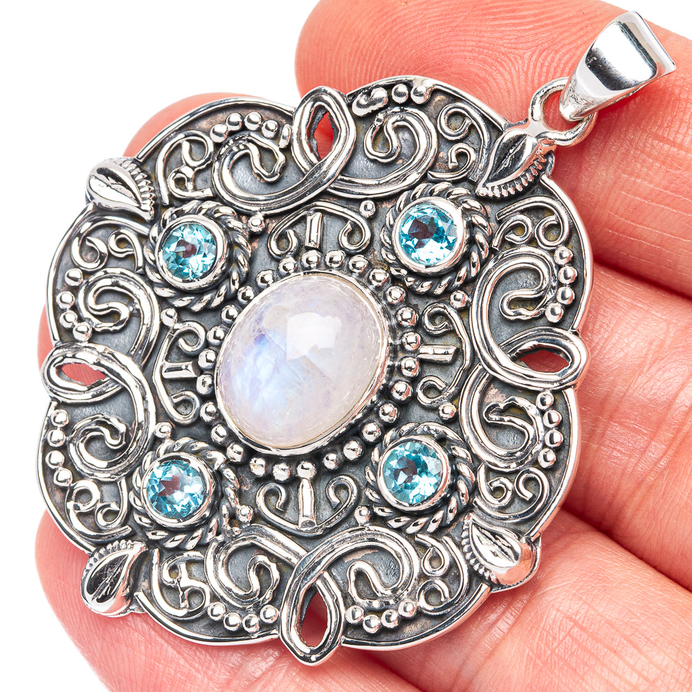 Signature Rainbow Moonstone, Blue Topaz Pendant 2 1/8" (925 Sterling Silver) P44655