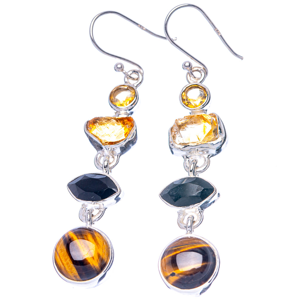 Premium Tiger Eye, Black Onyx, Citrine Earrings 2 1/4" (925 Sterling Silver) E1672