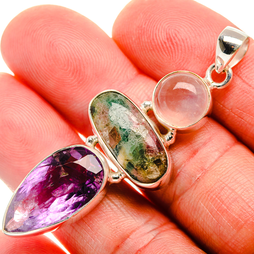 Faceted Amethyst, Tourmaline, Rose Quartz Pendant 2 1/4" (925 Sterling Silver) PD38274