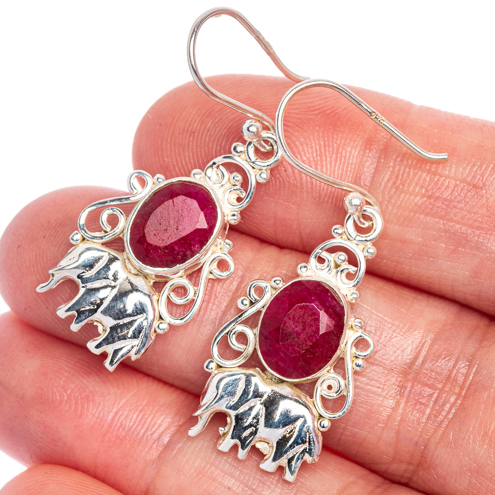 Glass Filled Ruby Elephant Earrings 1 1/2" (925 Sterling Silver) E1035