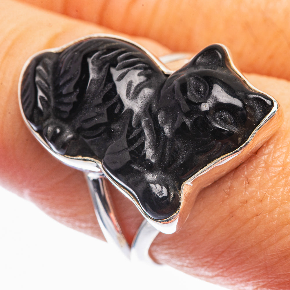 Black Onyx Cat Ring Size 8.25 (925 Sterling Silver) R141959