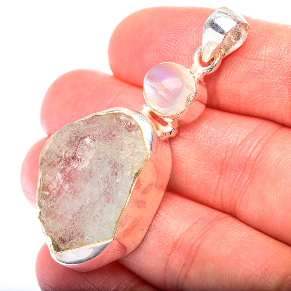 Raw Aquamarine, Rainbow Moonstone Pendant 1 7/8" (925 Sterling Silver) PD38566