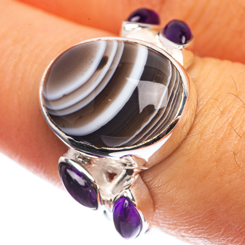 Botswana Agate, Amethyst 925 Sterling Silver Ring Size 7.5