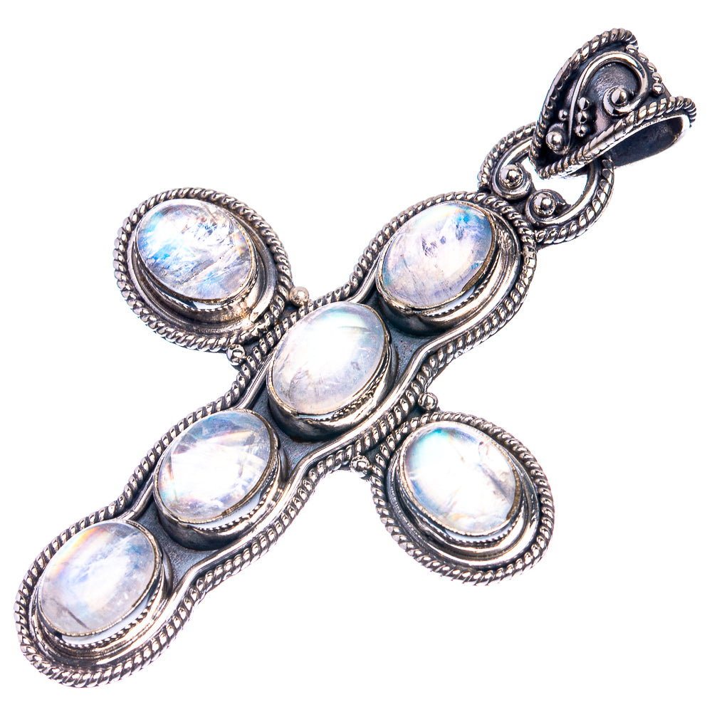 Rainbow Moonstone Cross 925 Sterling Silver Pendant 2 1/4"