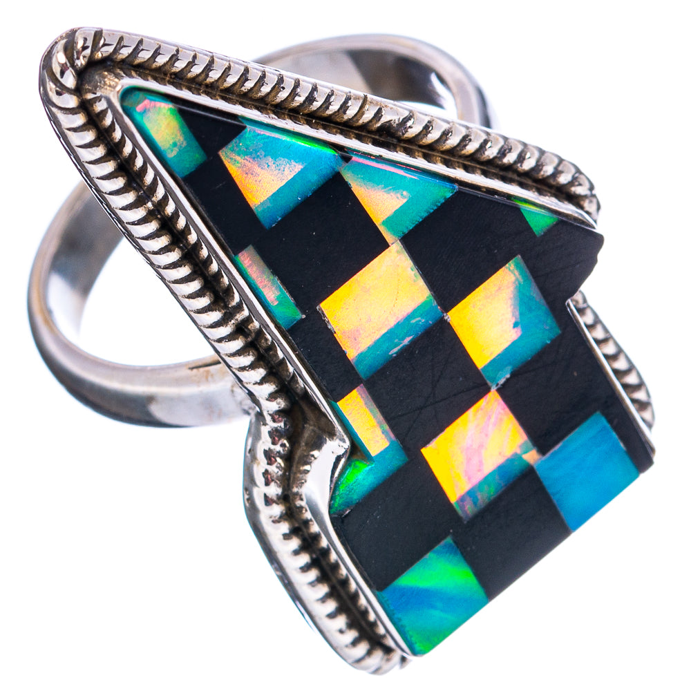 Premium Black Onyx & Aurora Opal Lightning Bolt Ring Size 7 (.925 Sterling Silver)