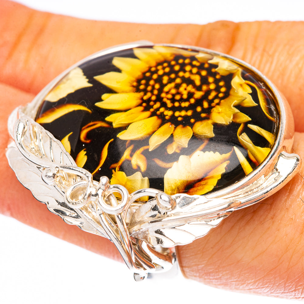 Amber Intaglio Sunflower Ring Size 7 Adjustable (925 Sterling Silver) R3822