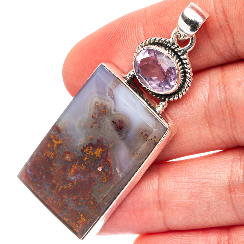 Premium Indonesian Plume Agate, Amethyst Pendant 2 1/4" (.925 Sterling Silver)