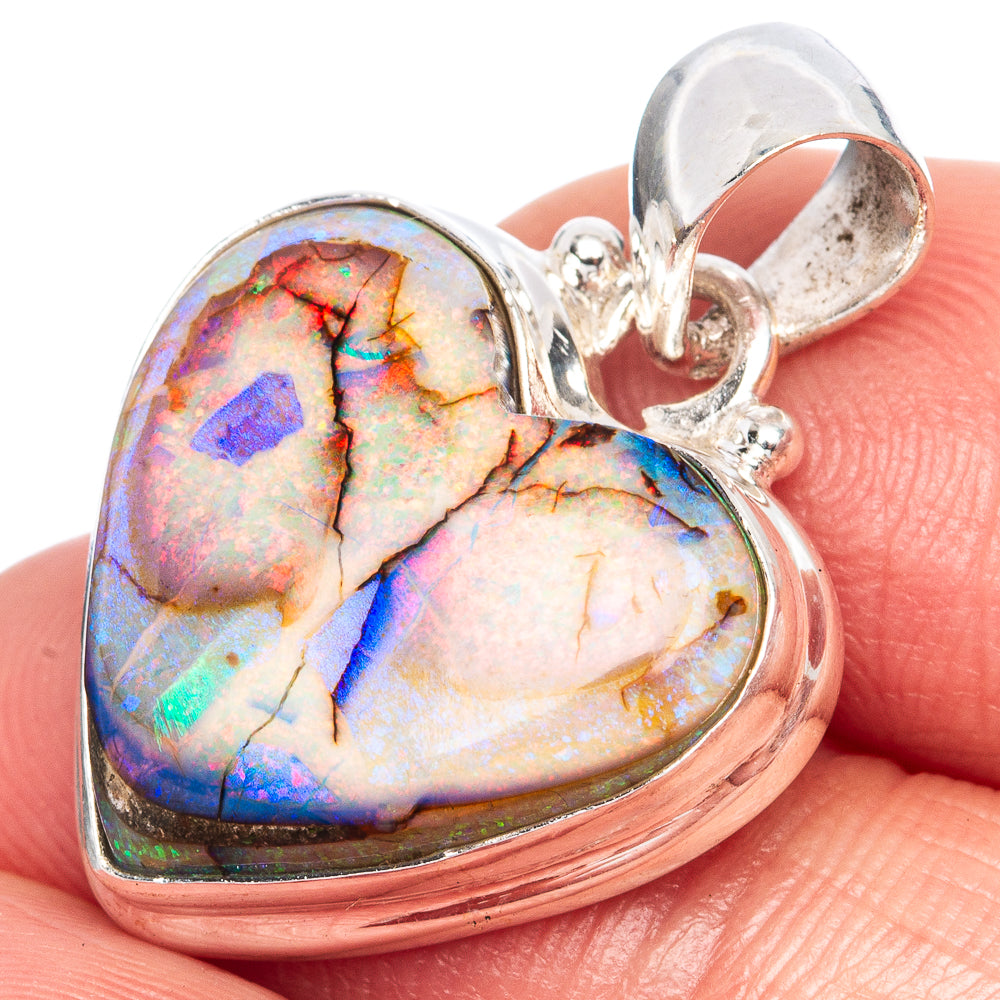 Rare Sterling Opal Heart Pendant 1 1/8" (925 Sterling Silver) P41614