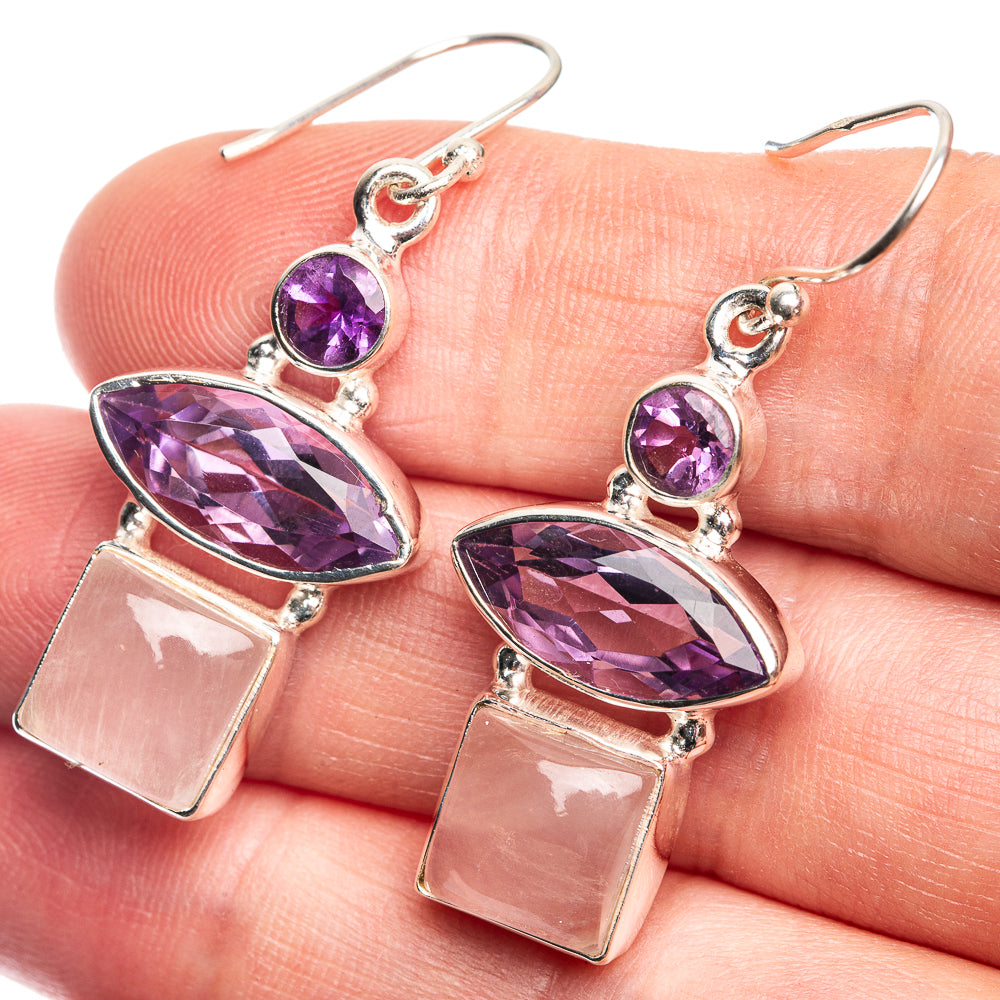 Rose Quartz, Amethyst Earrings 1 5/8" (925 Sterling Silver) E432616