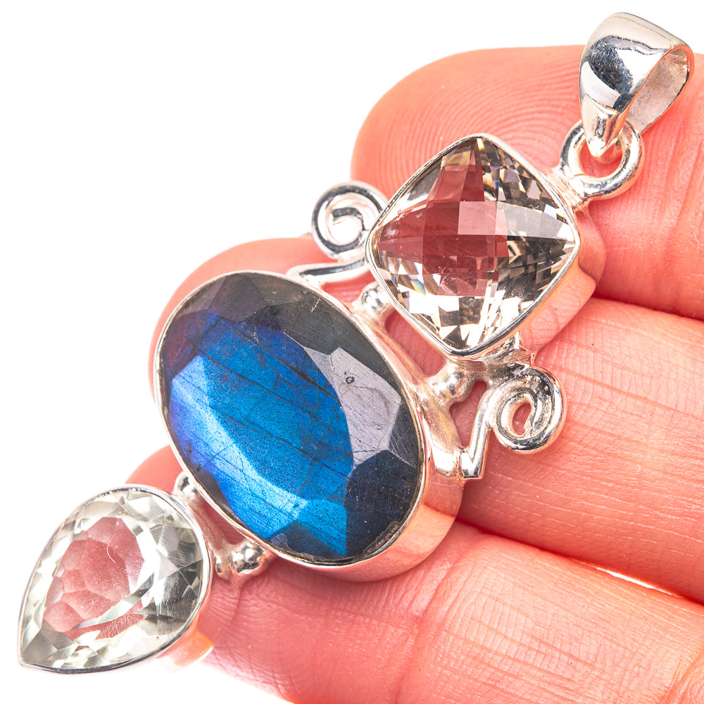 Labradorite, White Quartz, Smoky Quartz Pendant 2 1/8" (925 Sterling Silver) P38688