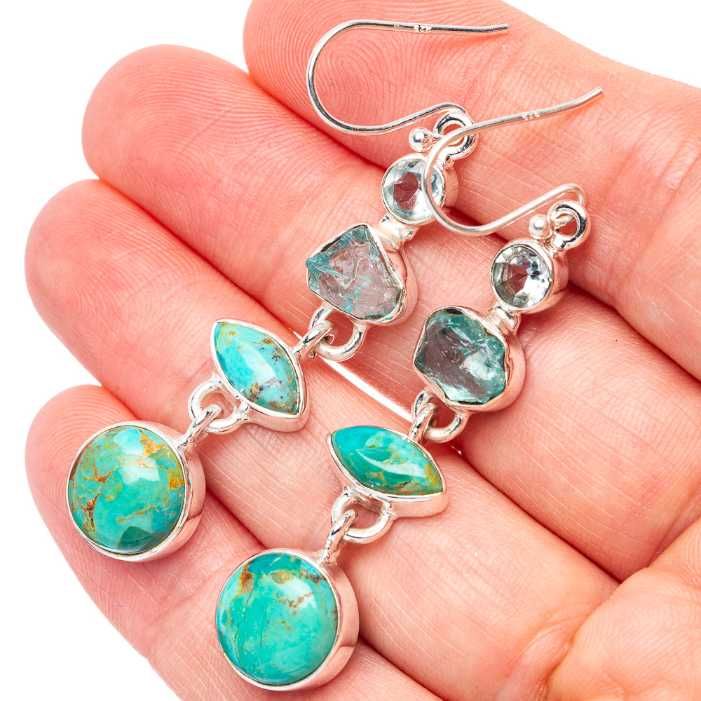 Premium Kingman Turquoise, Apatite, Blue Topaz Earrings 2 1/4" (925 Sterling Silver) E1671