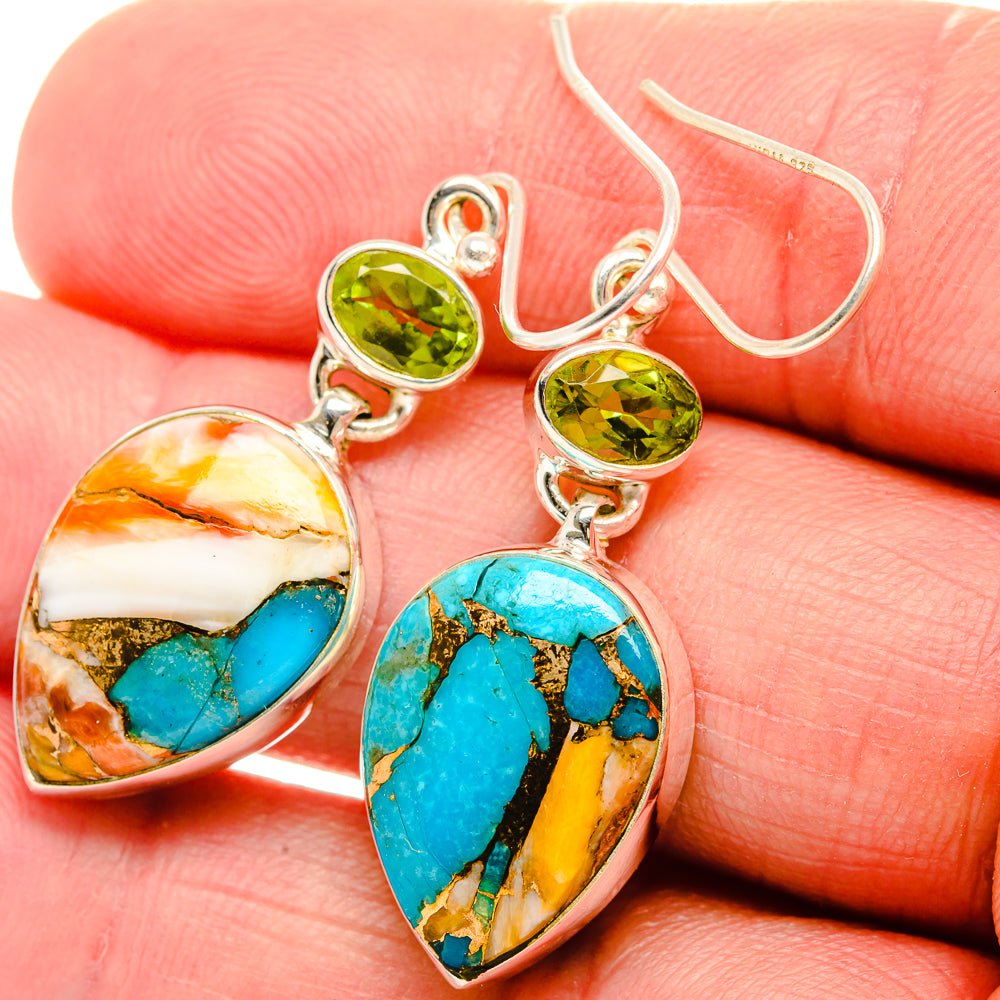 Spiny Oyster Turquoise, Peridot Earrings 1 3/4" (925 Sterling Silver) EARR432084