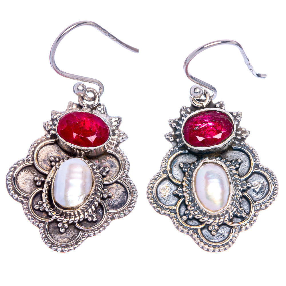 Cultured Pearl, Ruby Earrings 1 1/2" (925 Sterling Silver) E1072