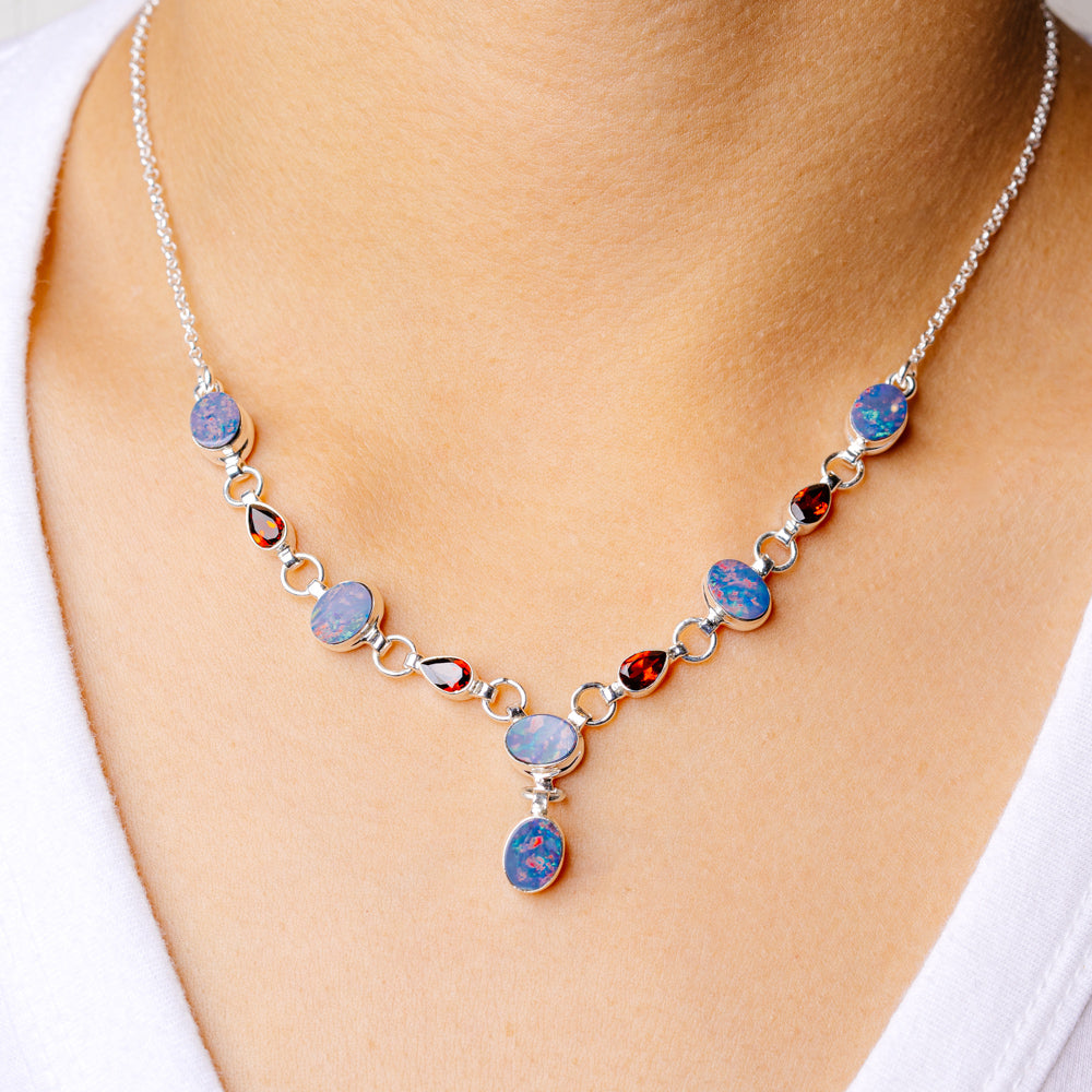 Rare Doublet Opal Necklace 17 To 18 5/8" (925 Sterling Silver) N90137