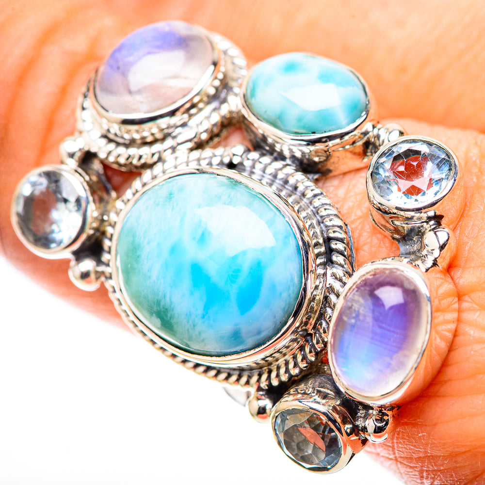 Signature Large Larimar, Rainbow Moonstone, Blue Topaz Ring Size 8.5 (925 Sterling Silver) RING138170