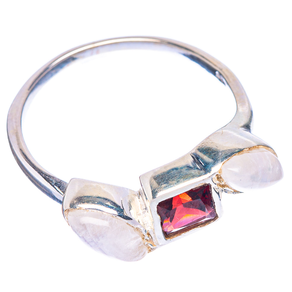 Garnet, Rainbow Moonstone Ring Size 7.75 (925 Sterling Silver) R1114